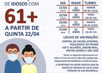 Idosos de 62 e 61 anos serão imunizados em Porto Real nesta quinta-feira, dia 22