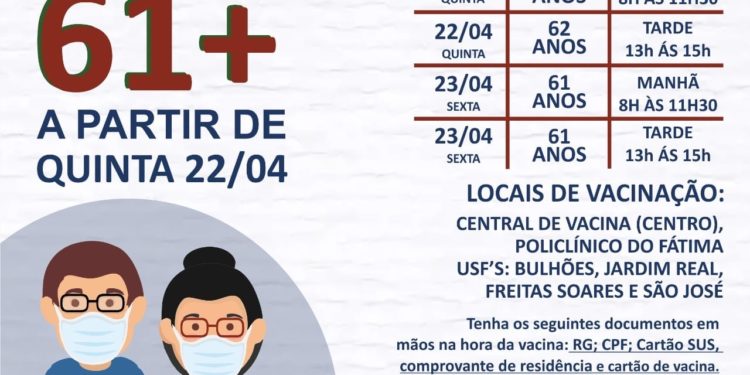Idosos de 62 e 61 anos serão imunizados em Porto Real nesta quinta-feira, dia 22