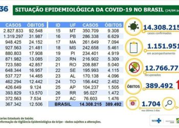 Covid-19: Brasil tem 14,3 milhões de casos e 389,4 mil mortes
