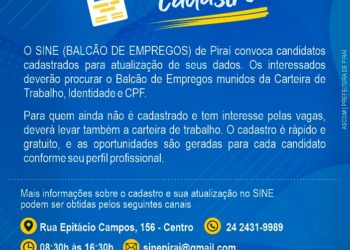 Sine de Piraí atualiza dados de interessados em vagas de trabalho