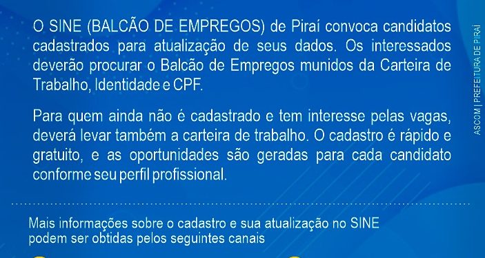 Sine de Piraí atualiza dados de interessados em vagas de trabalho