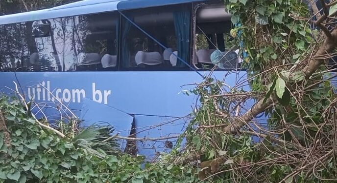 Ônibus da viação Util cai em ribanceira nos fundos do Hospital da Praia Brava; vídeo