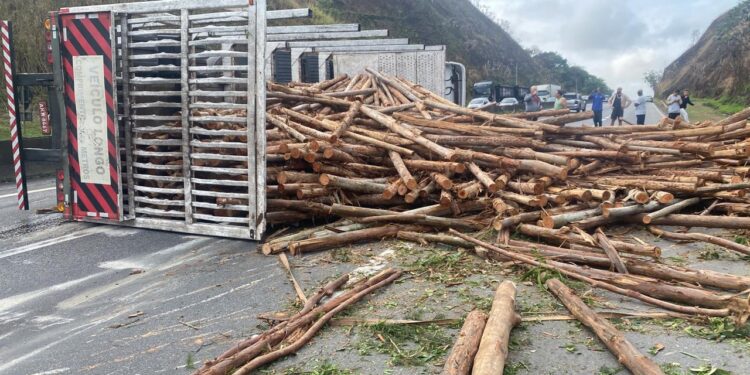 Caminhão carregado com troncos de madeira tomba na Dutra, em Barra Mansa