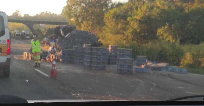 Caminhão transportando galinhas tomba na Via Dutra, em Barra Mansa