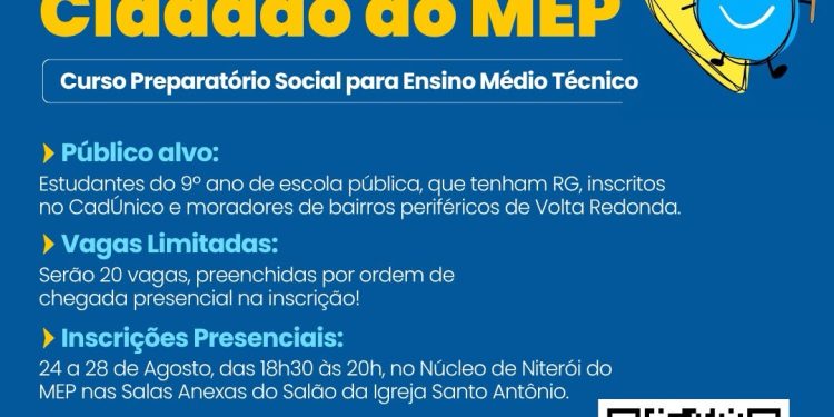 MEP oferece 20 vagas em curso preparatório para escolas técnicas em Volta Redonda